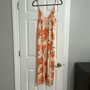 Summer flowing Midi dress floral pattern, color, orange and peach orange